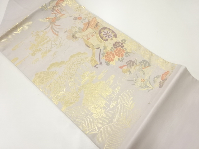 御所車に草花模様織出し名古屋帯